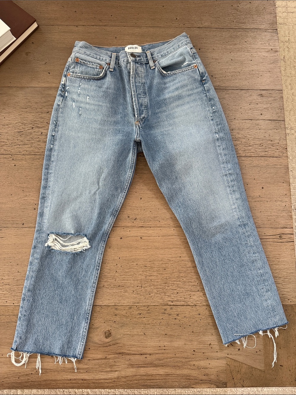 Agolde Light Blue Ripped High-Rise Straight Jeans